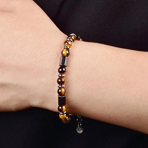 Bracelet Perlé En Œil De Tigre Et Hématite Acier Inoxydable Chaîne D'extension Réglable Bijoux De Mode Unisex
