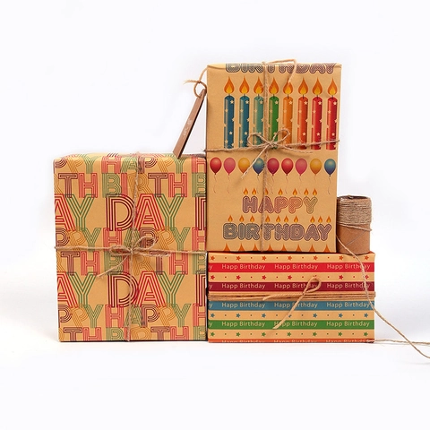 Papier Emballage Cadeau Anniversaire Kraft Impression Happy Birthday Motif Coloré Pour Cadeaux Fête Style Rétro