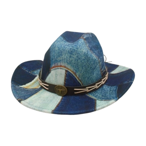 Retro Western Cowboy Hut Patchwork Denim Baumwolle Lederband Bullenkopf Metall Deko Distressed Breite Krempe Vintage