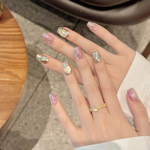 Handgefertigte Luxus Künstliche Fingernägel Rosa Katzenauge Glitzer Strass Spiegel Gold Französischer Stil Elegante Fake Nails Set