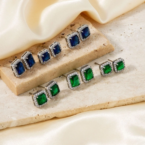 Vintage Copper Square Gemstone Stud Earrings For Women Rhinestone Halo Geometric Earrings Elegant Fashion Jewelry Accessories
