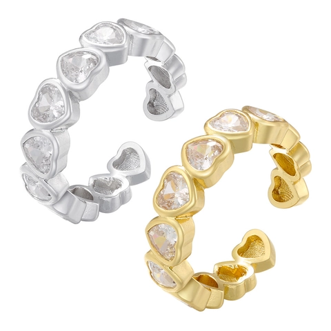 Anello Aperto A Forma Di Cuore In Ottone Micro Incastonato Con Zirconi Regolabile Per Donna