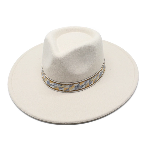 Wide Brim Fedora Hat Vintage Jazz Cap Cotton Polyester Blend With Geometric Tribal Band For Outdoor Travel Fashion Unisex