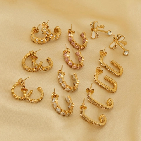 Women Stainless Steel Earrings 18K Gold Plated Zircon Inlay Geometric Heart Bow Snake Shape Fashion Jewelry Luxury Style