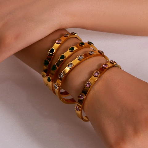 Heart Zircon Bangle 18K Gold Plated Stainless Steel Fashion Retro Clasp Bracelet For Women