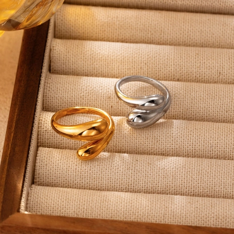 Irregular 304 Stainless Steel Ring Open Adjustable Minimalist Smooth Cross Wrap Water Drop Finger Jewelry For Women Men