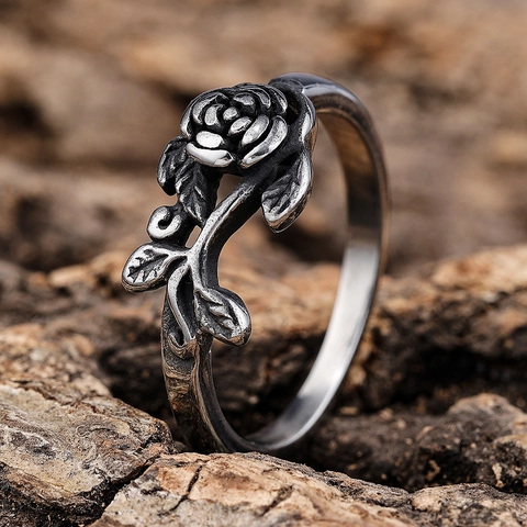 Rose Flower Ring Vintage 316L Stainless Steel Gothic Punk Thorny Branch Leaf Oxidized Silver Finish Unisex Band Jewelry
