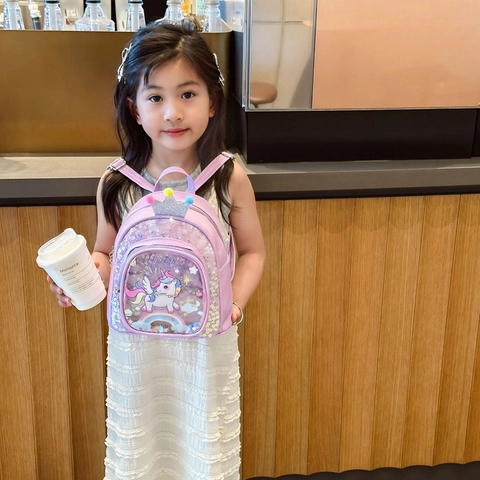 Mochila Lentejuelas Niños Cuero PU Unicornio Arcoiris Corona Decoración Escolar Niñas Pequeñas Lindas Brillantes