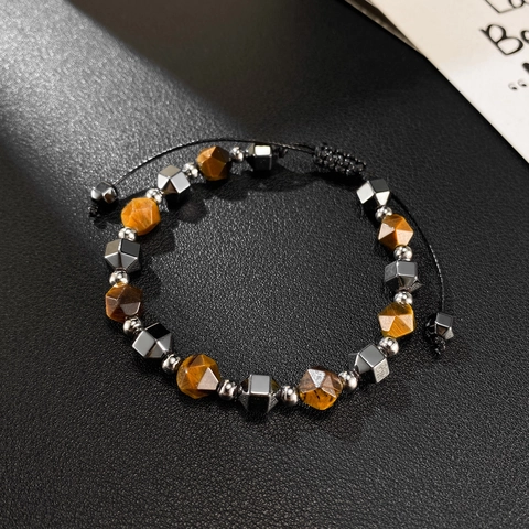 Bracciale Con Perline In Occhio Di Tigre E Ematite Sfaccettata Corda Intrecciata Regolabile Accenti Acciaio Inossidabile Gioielli Vintage Unisex