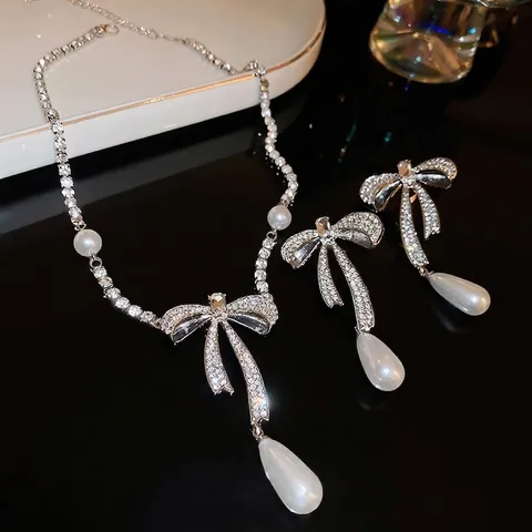 Collar Y Pendientes De Circón Con Lazo Y Perla Artificial De Gota Con Postes De Plata Joyería Elegante De Boda Para Mujer