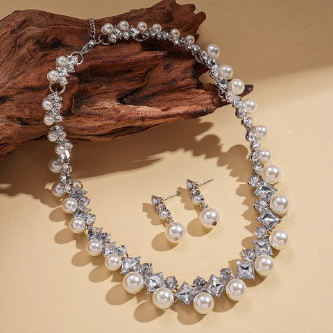 Gioielli Collana E Orecchini Pendenti Künstliche Perle Imitazione Strass Cristallo Lega Per Donna Sposa Matrimonio Festa Vintage Elegante