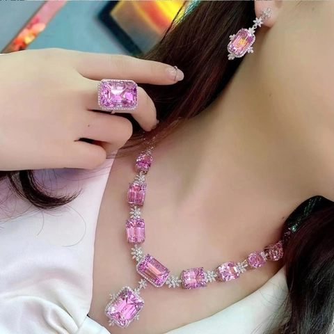Elegant Bridal Pink Rhinestone Hexagram Necklace And Earrings And Ring Copper Wedding Jewelry Collection For Women Luxury Accessory