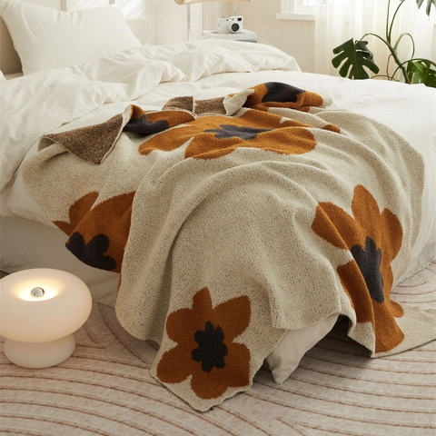 Knitted Throw Blanket Large Sunflower Pattern Mink Velvet Soft Warm Nordic Decorative For Sofa Bed Nap Office