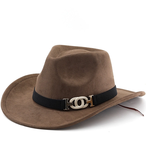 Western Cowboy Fedora Hat Suede Polyester Wide Brim Retro Jazz Cap With Metal Buckle Belt Adjustable Sun Protection