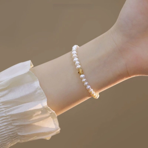 Natural Freshwater Pearl Bracelet Gold Heart Charm Elegant Beaded Jewelry For Women Niche Style