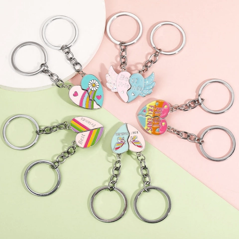 Magnetic Heart Best Friends Keychain For Couples Women Rainbow Butterfly Enamel Alloy Splicing Keyring Friendship Gift