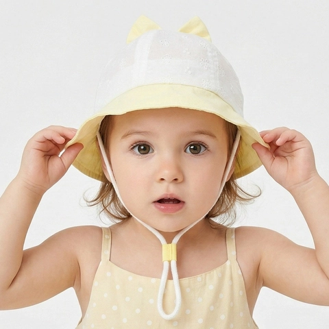 Kinder Fischerhut Mädchen Sonnenschutz Polyester Spitze Stickerei Schleife Breite Krempe Verstellbar Winddicht