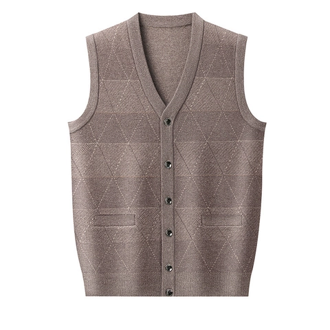 Men's Knitted Sweater Vest V-Neck Button Down Cardigan Argyle Texture Sleeveless Waistcoat With Pockets Business Casual