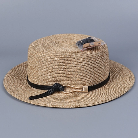 Women French Boater Hat Elegant Paper Straw Wide Brim Sun Hat With Leather Strap And Golden Buckle Summer Beach Travel