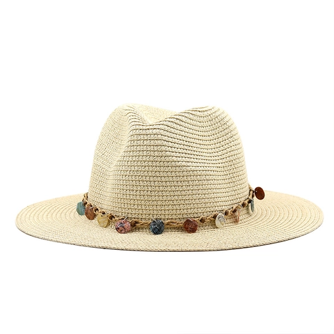 Bohemian Fedora Straw Hat Wide Brim Woven Band Colorful Shell Pendants Summer Sun Protection Beach Vacation Unisex