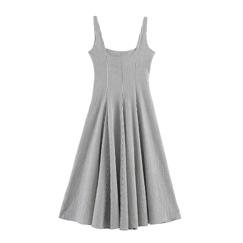 Vestito Maxi A Quadri Stile Francese Senza Maniche Poliestere Scollo Quadrato Vita Sottile Gingham Spiaggia Vacanze Donna