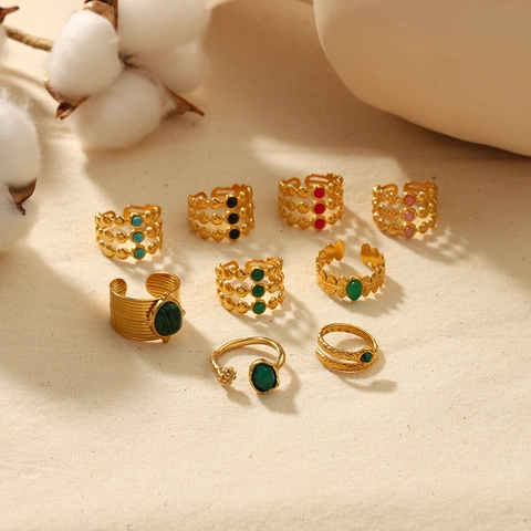 Anillos Ajustables Abiertos Bañados En Oro De 18K Vintage Malaquita Circón Turquesa Bohemio Retro Joyería Para Mujeres