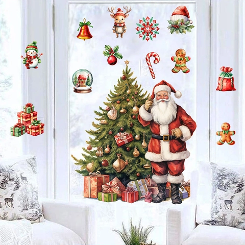 Christmas Wall Stickers Waterproof PVC Santa Claus Snowman Reindeer Tree Decor For Living Room Bedroom Window Festive