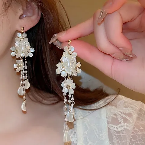 Flower Artificial Pearl Tassel Earrings Rhinestone Delicate Floral Elegant Jewelry For Women With 925 Sterling Silver Earring Post