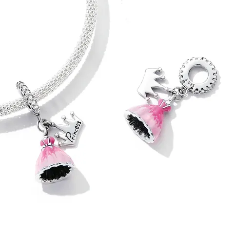 925 Sterling Silver Pink Enamel Princess Dress Castle Heart Charm Bead For DIY Bracelets Jewelry Zirconia Fairy Tale Pendants