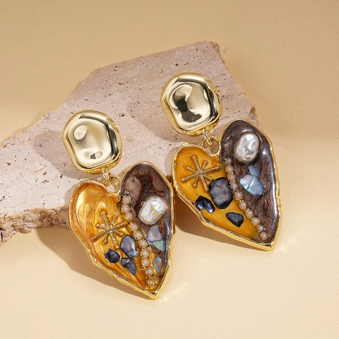 Pendientes De Corazón Aleación Con Perlas Artificiales De Imitación Concha Resina Y Poste De Plata Estilo Bohemio Vintage Mujer