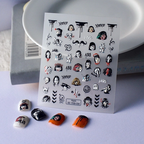 Pegatinas De Arte De Uñas En Relieve 5D Auto Adhesivas Gótico Oscuro Hippie Grafiti Niña Horror Diseño Impermeable DIY Manicura Calcomanías
