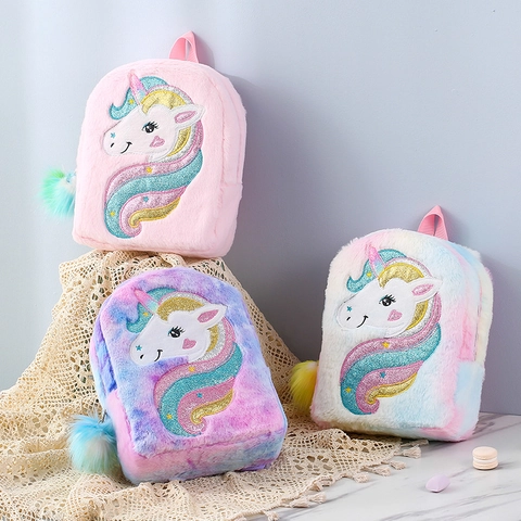 Cute Plush Unicorn Kids Backpack Sequin Embroidery Rainbow Gradient Large Capacity Schoolbag For Kindergarten Girls Furry Bag