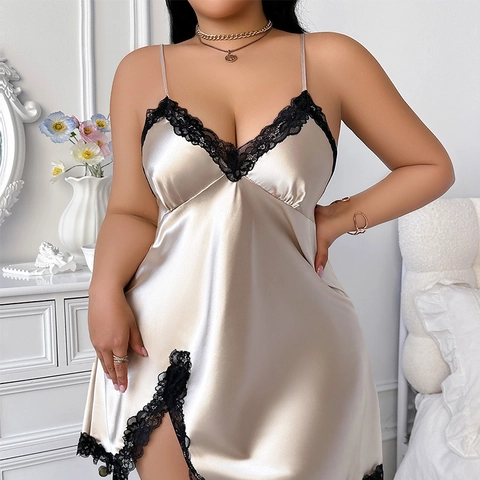 Plus Size Women Satin Nightgown Lace Trim V-Neck Backless Camisole Sleepwear Satiny Loungewear