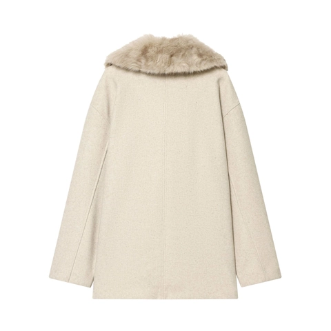 Women Mid Length Woolen Coat Faux Fur Collar Double Breasted Elegant Solid Color Jacket With Pockets Winter