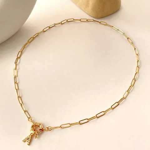 Initial Letter Pendant Necklace Copper Gold Plated Paperclip Chain Pave Zirconia Minimalist Fashion Jewelry For Women