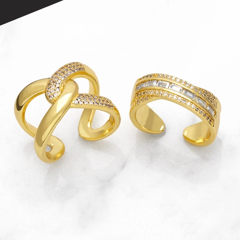 Geometrische Kreuz Offene Ringe Mit Zirkonia Eingelegt Kupfer Vergoldet Verstellbar Minimalistischer Modestil Damenschmuck
