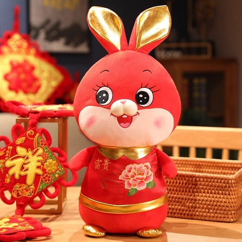 Peluche Coniglio dello Zodiaco del Capodanno Cinese Peluche Rosso Mascotte Con Ricamo Peonia per Decorazione Domestica Regalo di Capodanno