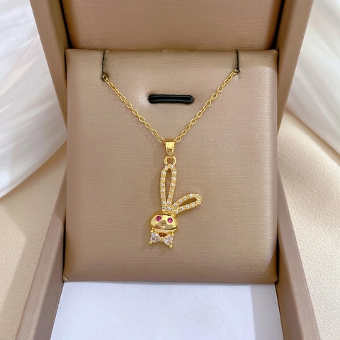 Konijn Hanger Ketting Roestvrij Staal Koper Micro Pave Zirkoon Elegant Rood Oog Lang Oor Strikje Sieraden Voor Vrouwen