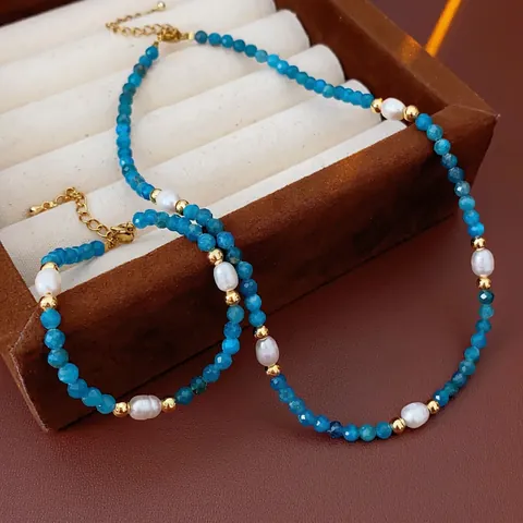Collier Et Bracelet En Pierre Naturelle Perle D'eau Douce Acier Inoxydable Plaqué Or Perlé Bleu Vintage Élégant Femmes