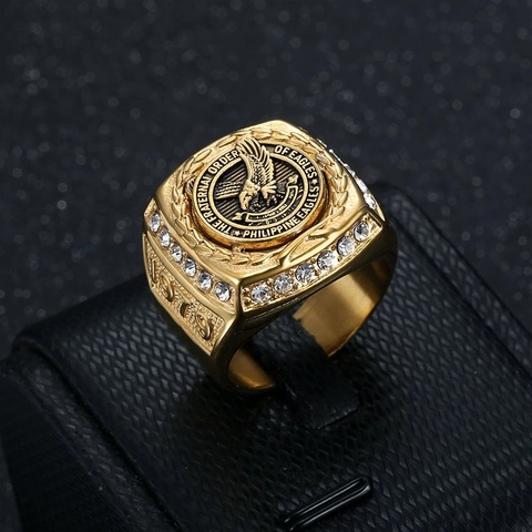 Chevalière Homme Acier Inoxydable Plaqué Or Emblème Aigle Philippin Strass Hip Hop Bijoux Rétro