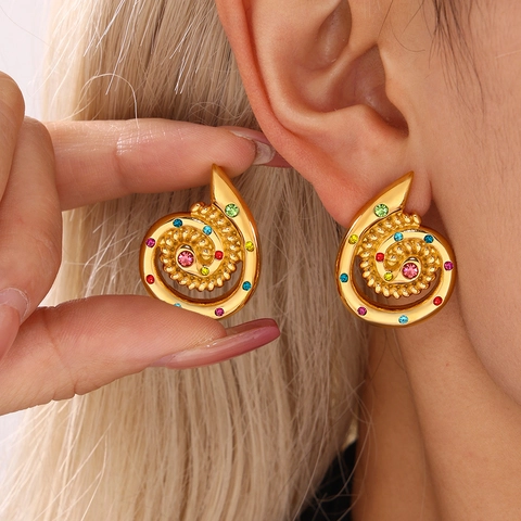 Orecchini A Lobo A Spirale Conchiglia Retrò Acciaio Inossidabile Placcato Oro 18K Strass Colorato Moda Gioielli Donna