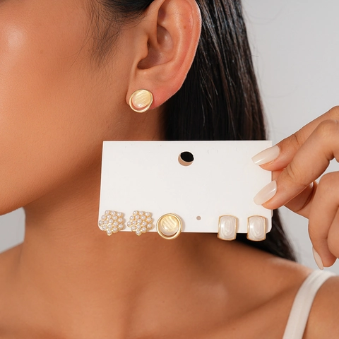 Pendientes De Botón De Aleación Imitación Perla Artificial Y Piedra Ojo De Gato Con Poste De Plata Elegantes Geométricos Mujer
