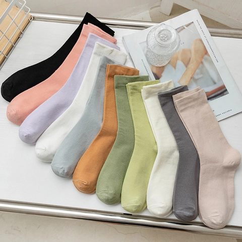 Slouch Wadenhohe Socken Damen Reine Baumwolle Atmungsaktiv Schweißabsorbierend Gerippt Lose Japanischer Stil Einfarbig