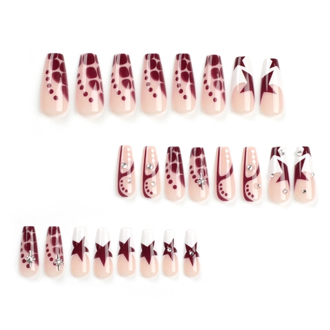 Faux Ongles À Presser Forme Cercueil Style Français Rouge Vin Rose Nude Étoile Strass Décoration De Luxe Pour Femmes