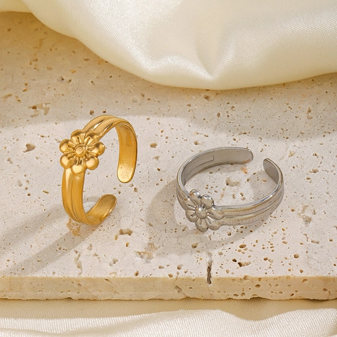 Anillo De Flor Margarita Acero Inoxidable Chapado En Oro De 18K Ajustable Estilo Vintage Francés Mujeres Banda Abierta Joyería