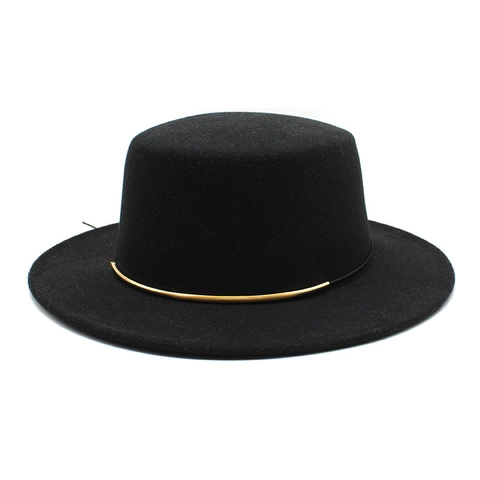 Boater Hat Flat Top Wide Brim Wool Felt Fedora Vintage Elegant British Style With Gold Metal Decor For Women Men