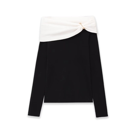 Off Shoulder Langarm Strickoberteil Damen Gerippt Einfarbig Mit Goldener Schnalle Lässiges Slim Fit Top