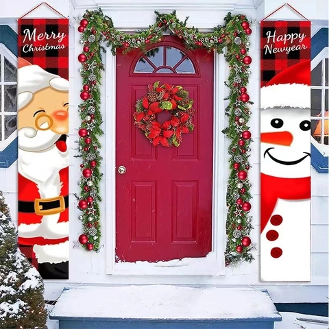 Christmas Porch Sign Door Banner Oxford Cloth Hanging Decoration Holiday Party Buffalo Plaid Santa Snowman Gnome Nutcracker