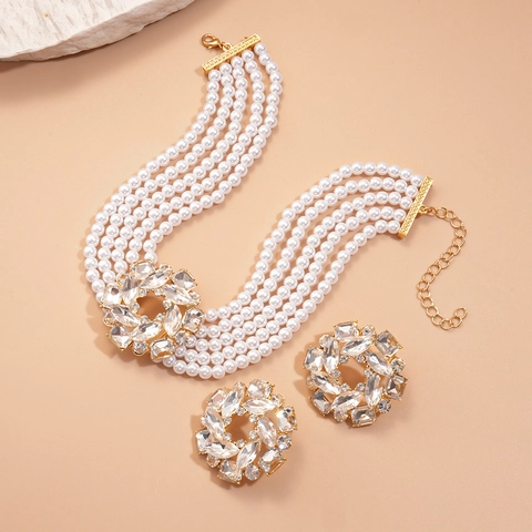 Collana Girocollo In Künstliche Perle A Più Strati Strass Floreali Lega Dorata Gioielli Vintage Eleganti Per Donna