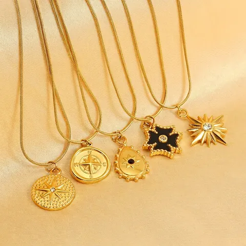Eight-pointed Star Compass Pendant Necklace 18K Gold Plated Stainless Steel Snake Bone Chain Retro Jewelry For Women